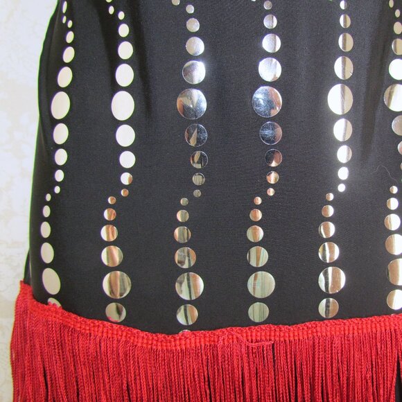 GIRL'S XL DANCE COSTUME, ROARING 20s FLAPPER WEISSMAN BLACK w RED FRINGE, EXTRAS - Picture 6 of 10